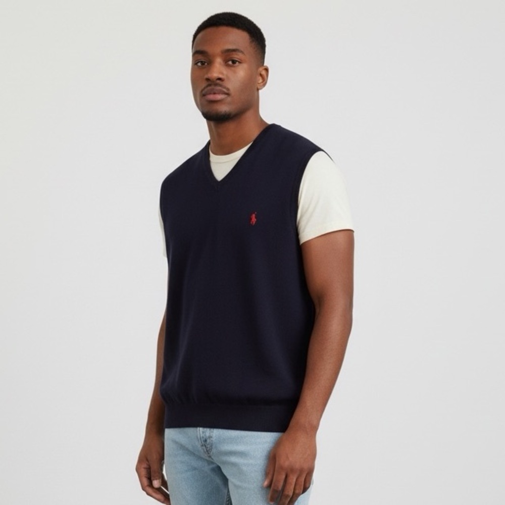 Polo Ralph Lauren Navy 100% Pima Cotton V-Neck Pullover Sweater Vest - Size XLT